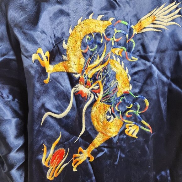 Vintage Asian Silk Kimono Robe Embroidered Dragon Blue Long Size Medium - Picture 6 of 9